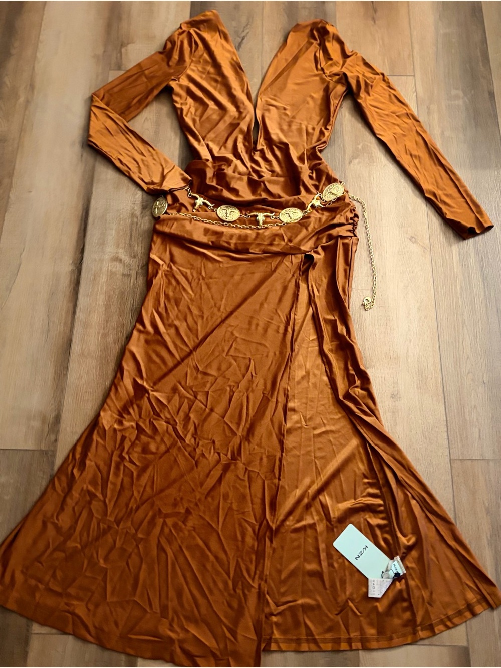 Rust Long-Sleeve V-Neck Maxi Dress with Gold Accent Chain